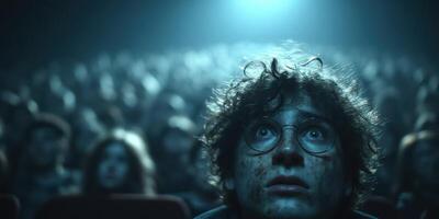 Boy in glasses watches intently in a crowded cinema during an emotional movie scene at night photo