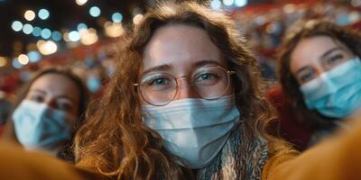 Group of friends enjoying a movie in a theater while wearing masks during a public health event photo