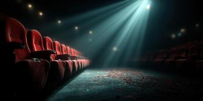 Quiet cinema with red seats illuminated by beams of light during an evening show in an old theater photo