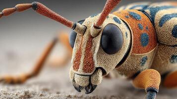 Close-up view of a brightly colored beetle showcasing intricate details and unique patterns in a natural environment photo