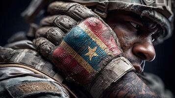 Soldier with flag painted on hand shows pride and determination during a mission in a conflict zone photo