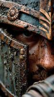 Warrior in battle attire reveals intense gaze surrounded by dirt and mud at outdoor reenactment event photo