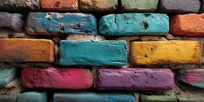 Colorful brick wall showcases vibrant artistic expression in urban setting during daylight photo