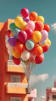 Colorful balloons floating above a vibrant building in a sunny urban landscape during daytime photo
