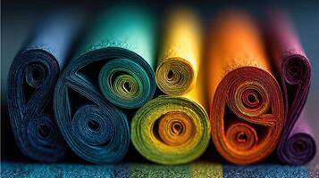 Vibrant rolls of fabric arranged in a colorful display on a worktable at a textile workshop during daylight hours photo