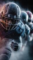 Intense football players in icy conditions showcasing determination on the field during a competitive match in winter photo