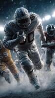 Dynamic football player sprinting during a winter night game with snow swirling around the field in an intense match atmosphere photo