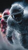 Intense action during a snow-covered football match with players in striking gear racing through the cold environment photo