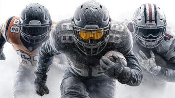Football players in action during a cold, snowy game showing determination on the field photo
