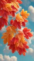 Vibrant autumn leaves in shades of orange and red against a bright blue sky with fluffy clouds photo