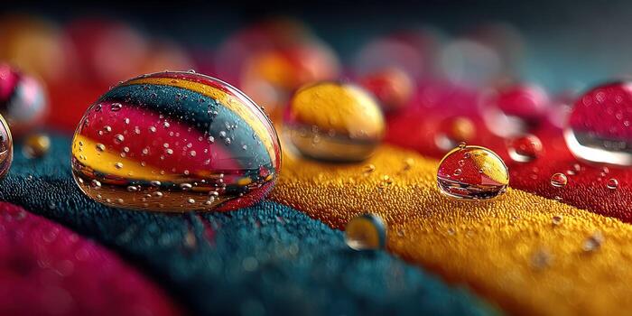 Colorful water droplets on textured fabric surface capturing light and reflections in a stunning display photo