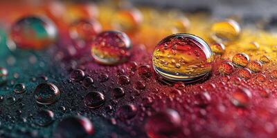 Colorful droplets on a surface create an artistic pattern in vibrant hues of red, yellow, and green during a close-up view photo