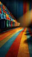 Colorful seating arrangement in a vibrant theater with dramatic lighting photo