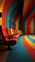Colorful modern seating area designed with vibrant striped patterns and curved walls inviting relaxation and creativity photo