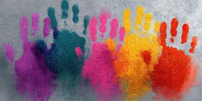 Colorful handprints create vibrant display on textured surface in an artistic mural photo