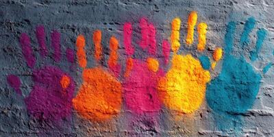 Colorful handprints on a gray wall reflect creativity and individuality in a vibrant urban art display photo