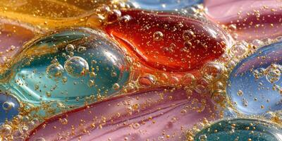Colorful transparent bubbles float in a liquid mixture creating an abstract art piece in soft hues and dynamic textures photo