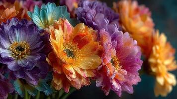 Vibrant bouquet of colorful flowers with water droplets in a soft light photo