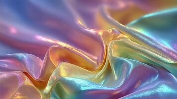 Beautiful iridescent fabric draping gracefully in soft light with mesmerizing color reflections during a serene daylight setting photo