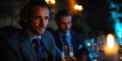 Evening gathering of friends in an elegant setting with candlelight and fine drinks photo