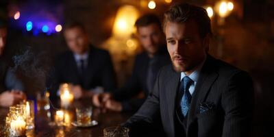 Stylish gathering of well-dressed men enjoying drinks in an elegant lounge setting at night photo