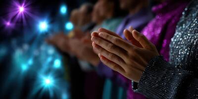 Audience members clapping in a dimly lit venue during a performance with colorful lights photo