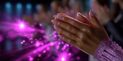 Audience clapping hands in appreciation during a vibrant performance at an indoor venue in the evening photo