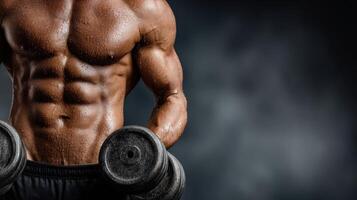 Muscular athlete lifting dumbbells in a gym setting showcasing strength and determination photo