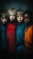 Four children in colorful jerseys standing together in a moody, artistic portrait shot indoors with dramatic lighting photo