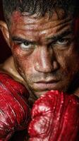 Intense boxer prepares for a match with determination in his eyes during a training session photo