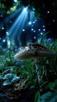 Majestic mushroom shines in enchanting forest with soft light beams illuminating the scene at twilight photo