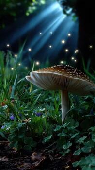 Majestic mushroom standing tall in a lush forest illuminated by glowing orbs of light during twilight photo