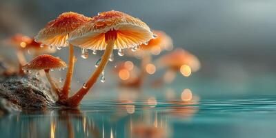 Colorful mushrooms with droplets thrive near tranquil water during misty morning hours in nature photo
