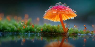 Colorful mushroom with water droplets standing tall amidst lush greenery in a serene forest setting photo