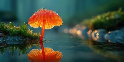 Bright orange mushroom glows with water droplets in a serene forest during twilight photo