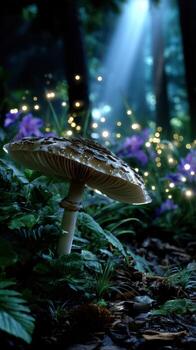 Mystical forest scene with glowing mushrooms and ethereal light in a tranquil woodland setting at dusk photo