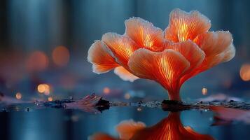 Mushroom glows brightly in a serene forest setting at dusk surrounded by water and fallen leaves photo