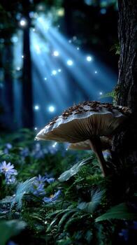 Mushroom glows under soft light in an enchanted forest filled with flowers during twilight hours photo