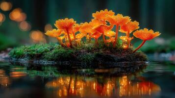 Colorful orange mushrooms glow on a moss-covered island in a serene forest setting at dusk photo