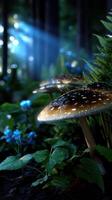 Magical mushrooms in a serene forest illuminated by soft sunlight in the early morning hours photo