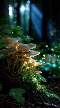Mushrooms glowing softly in a serene forest under mystical light at twilight photo