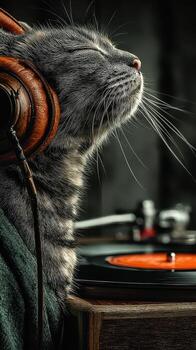 Cat enjoys music with headphones while relaxing next to a vinyl record player in a cozy setting photo