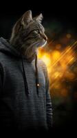 Cat with human-like features stands in a dark space illuminated by glowing golden lights photo