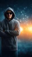Urban music enthusiast in hoodie and sunglasses enjoying vibrant lights during night photo