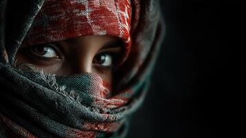 Portrait of a woman with captivating eyes wrapped in a colorful scarf in a dimly lit setting at dusk photo