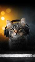 Cat wearing headphones enjoys music at home with warm bokeh lights in the background photo