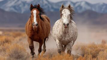 Two wild horses gallop through a desert landscape against a backdrop of mountains during a cloudy day photo