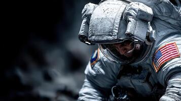 Astronaut explores lunar surface during a mission in a rugged, otherworldly environment photo