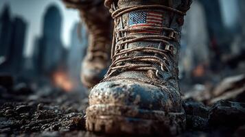 Military boot trudges through debris in a post-apocalyptic cityscape with an American flag patch photo