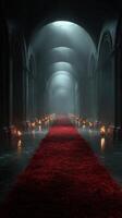 Mystical corridor adorned with red flowers and flickering candles in an ancient architectural setting at night photo